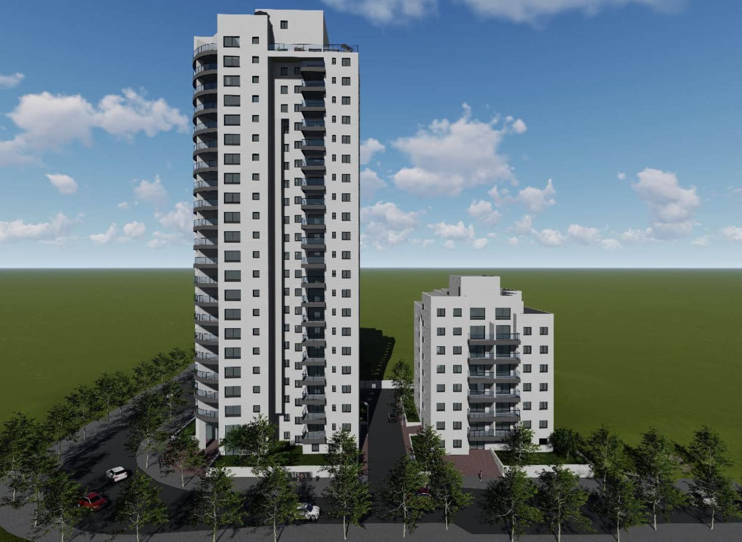 הדמיה של הפרויקט, מבט צפוני, מציג שני בניינים